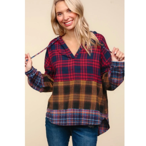"The Viola" Plaid Color Block Hoodie - Picture 1 of 3